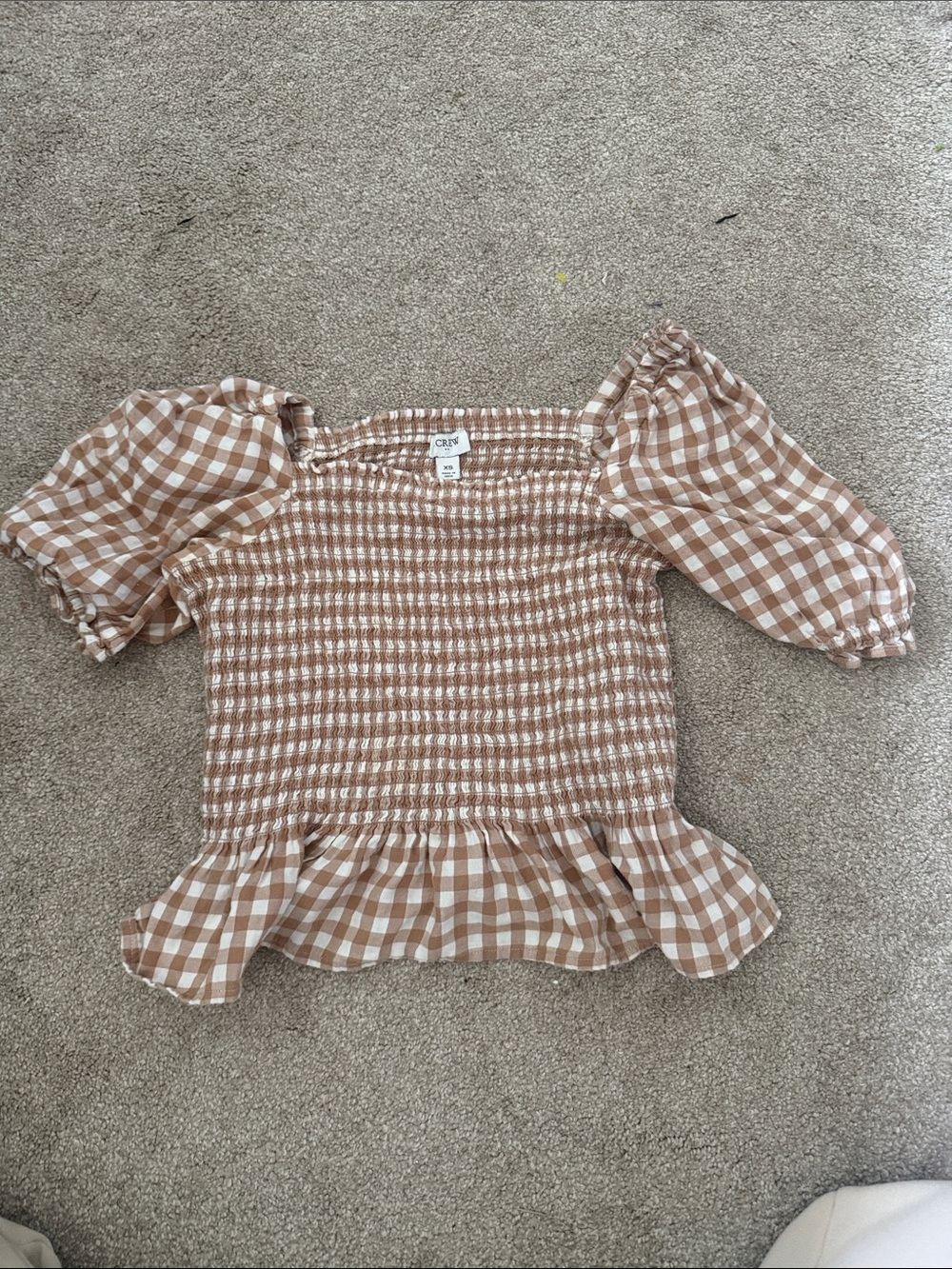 J. Crew Beige and White Gingham Smocked Puff Sleeve Top